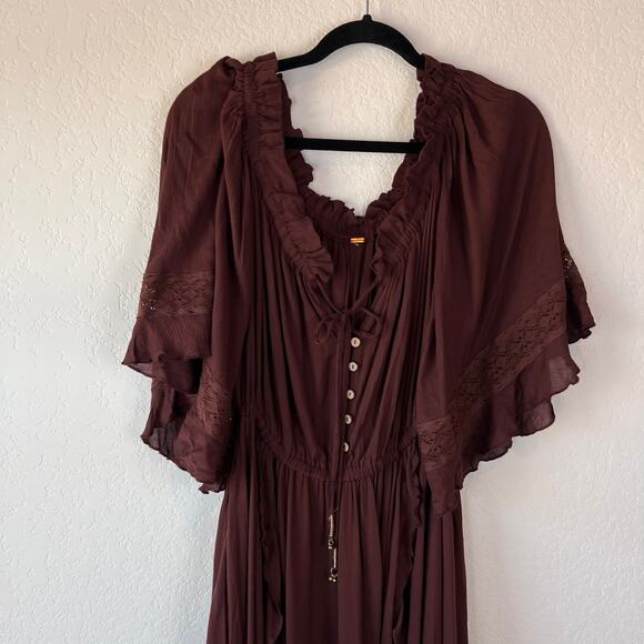 Free People Endless Summer Beach Bliss Maxi Dress size Medium Brown Ruffles - Picture 7 of 7